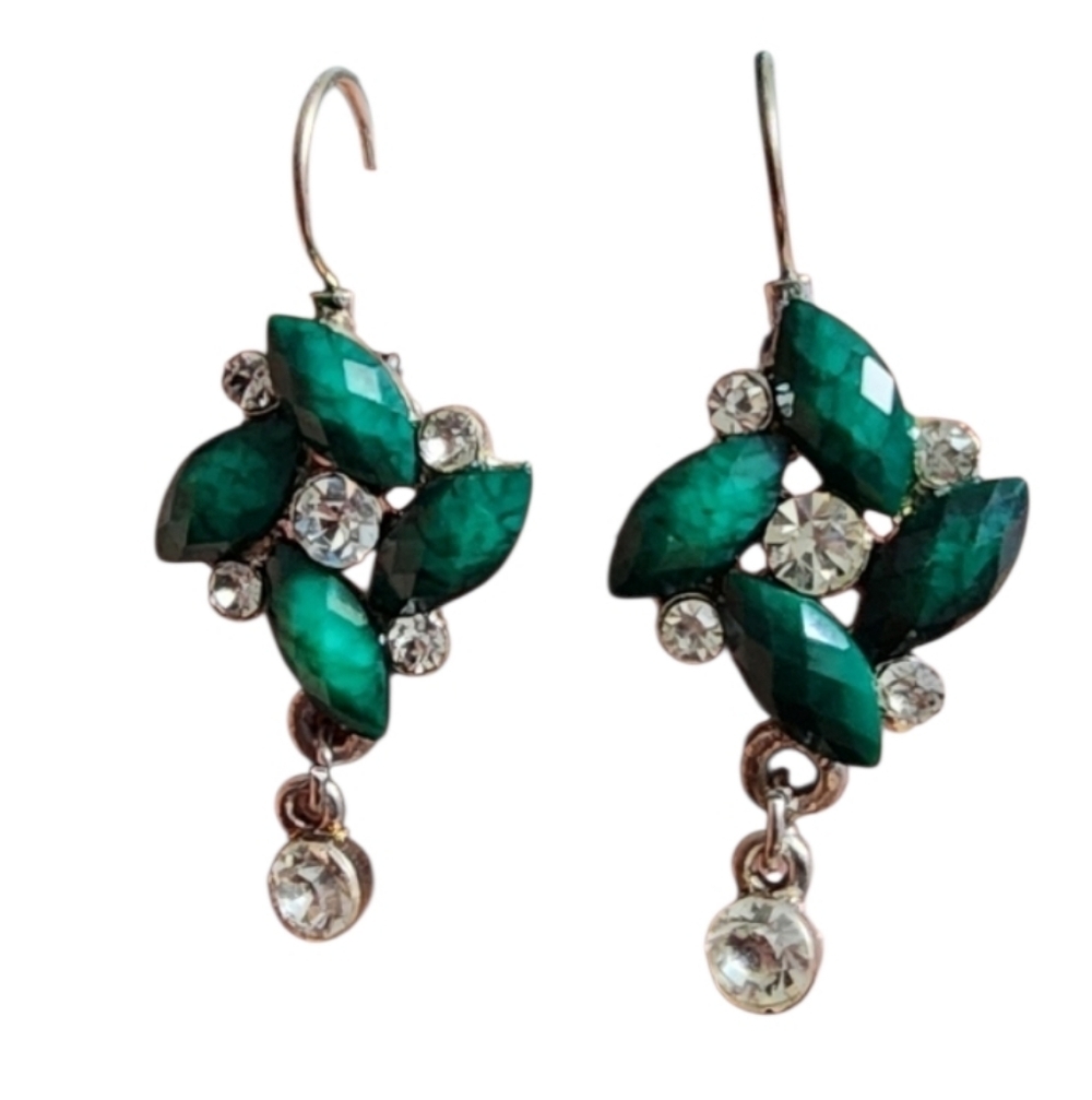 Green and Silvertone Dangle Earrings with Intricate Design